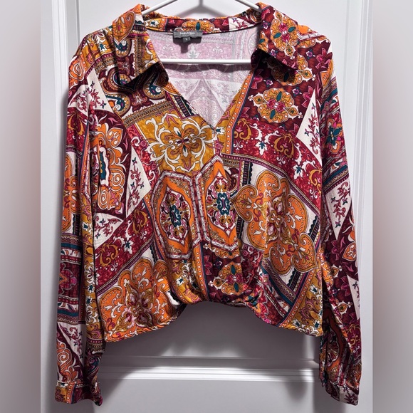 Haute Hippie Blouse size L long sleeves wrap style collar printed oranges - Picture 2 of 8